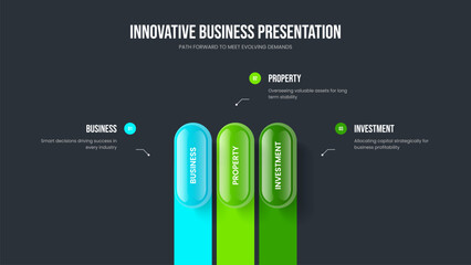 Market Launch Slide Design Vector Illustration. Financial Solution Three Step Infographic Presentation Layout. Sales Development 3 Option Diagram Frame Template.