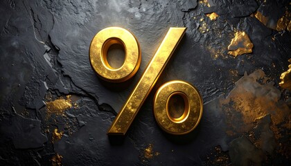 A 3D gold percent sign symbol on a black background indicates a 50 percent discount for a new business sale