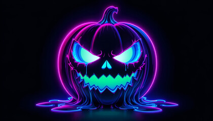 Cyberpunk Jack-o'-Lantern: Blue Glow Eyes & Pink Neon Outline on Black