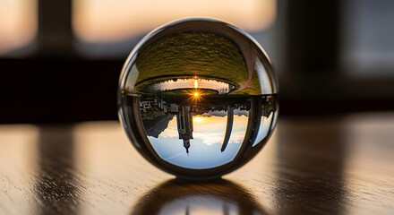Crystal ball reflecting sunset cityscape on wooden surface, artistic photography.