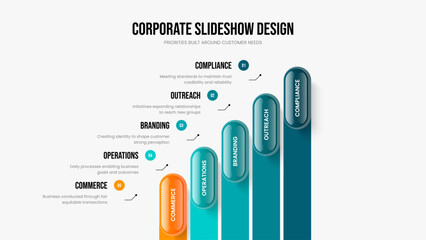 Modern Plan Frame Template Vector Illustration. Service Strategy 5 Option Diagram Slide Design. Enterprise Development Five Element Infographic Slideshow Layout.