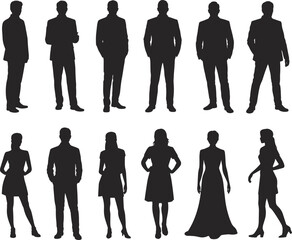 Silhouettes of formal men and women standing in evening wear and business suits, diverse elegant adult figures vector collection.