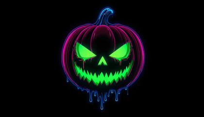 Menacing Pink Neon Pumpkin with Dripping Cyan-Green Glowing Face