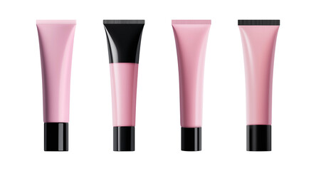Pink lipgloss tube with black cap, set of plastic packaging. Collection mockup of empty templates for design. Isolated element with clear even edge on transparent background