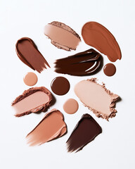 Abstract dark brown cosmetics swatches on white background. Close-up of matte and glossy texture, vertical composition, natural skin colors. Professional studio light
