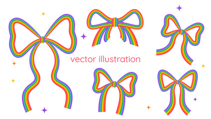 Rainbow Ribbon Bow Vector Illustration Set