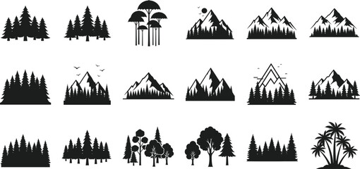 Nature silhouette icon set, forest and mountain vector illustration, black tree graphics, outdoor landscape elements, wildlife design, minimal style, isolated shapes © Ideasy Mind