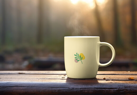 Warm Mug Mockup On Wooden Table PSD