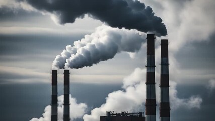 Industrial smokestacks emitting clouds against a cloudy sky - Powered by Adobe