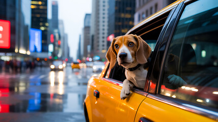 Cute beagle dog looking out of taxi window in city night lights
