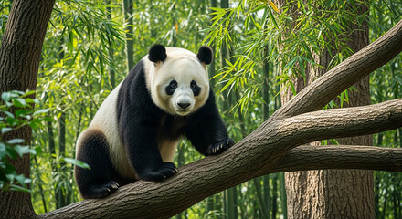 Obraz premium Giant Panda Sitting on Tree Branch Looking Peacefully 