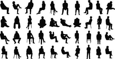 Large collection of diverse seated people silhouettes, men and women in various sitting, waiting, and resting postures for architectural