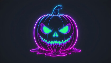 Glowing Cyan-Green Face Jack-o'-Lantern Neon Outline on Black