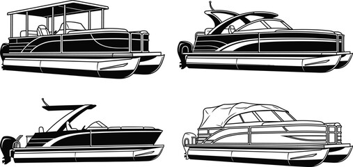Pontoon boat vector set, black silhouette watercraft illustrations, leisure and sport marine designs, editable graphic icons for travel and recreation © Ideasy Mind