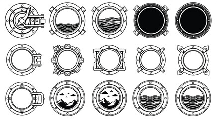 Porthole vector silhouette set, black and white nautical window designs, scenic and mechanical views, editable illustration for marine, travel, steampunk themes © Ideasy Mind