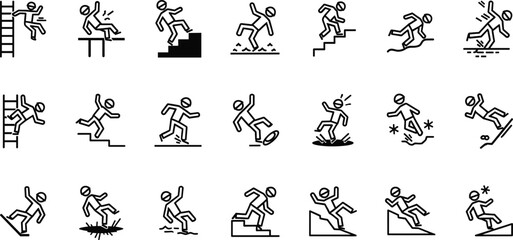 Slip trip fall icon set, black hazard illustrations, workplace safety graphics, accident prevention elements, printable warning symbols, minimal injury design assets