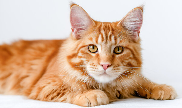 Orange tabby cat with striking green eyes is lounging comfortably on a soft white surface, showcasing its fluffy fur and relaxed demeanor in a cozy indoor setting - Powered by Adobe