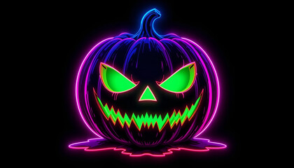 Neon Jack-o'-Lantern with Glowing Green Face and Dripping Pink-Blue Light