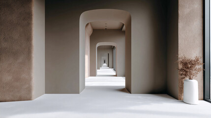Fototapeta premium Long gallery corridor with arches and bright floor — minimalist interior with rhythmic architectural repetition.
