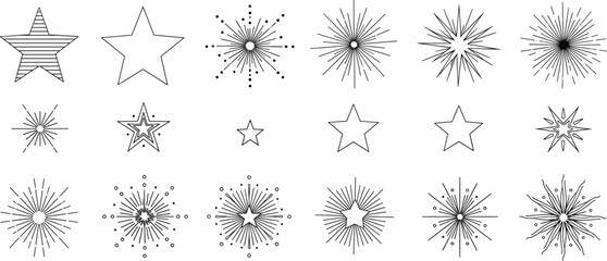 Star icon vector collection, abstract decorative shapes, black graphic symbols, creative burst elements, outline and solid styles, printable design assets