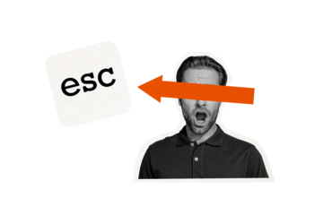 Composite photo collage of astonished scream man instead eyes arrow point escape button fired concept isolated on painted background