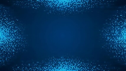 Abstract blue background with flashing digital pixels forming a frame and space to center