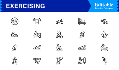 Fitness Exercise Workout Line Icon Set – Professional, Modern, Minimal, and Pixel Perfect Vector Illustrations