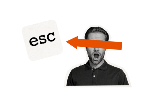 Composite photo collage of astonished scream man instead eyes arrow point escape button fired concept isolated on painted background