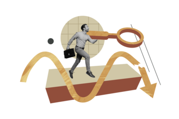 Trend artwork sketch design montage collage of young man walk magnifier glass hr recruitment worker office hiring walk aim goal business