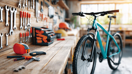 Workbench with tools and a bicycle — workshop shot for DIY, repairs and e-commerce tools.