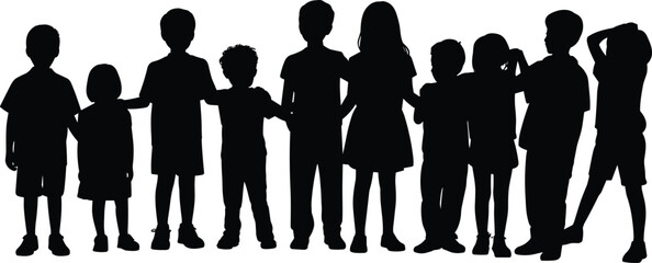 Silhouettes of a diverse group of young children and kids standing together with arms around shoulders, boys and girls bonding in friendship,