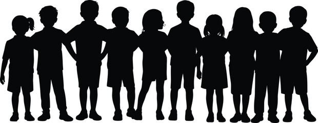 Silhouettes of a diverse group of happy children and kids standing together, boys and girls smiling and posing in a row, childhood