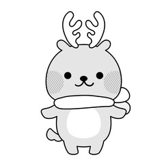かわいいトナカイのモノクロイラスト（マフラー）