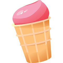 A pink ice cream cone with a waffle cone and a scoop of strawberry ice cream on a transparent background