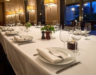 Elegant Table Setting for a Formal Dinner with White Tablecloth Clear Glassware and Decorative Floral Centerpieces in Warm Light and Dark Wood Furnishings