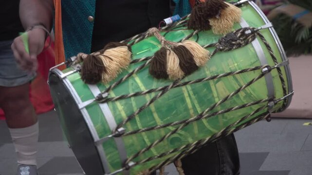 Indian Dhak dhol or special indian drum performing.	