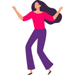 A Dancing Woman With Long Dark Hair Wearing A Pink Top And Purple Pants In A Cheerful Pose Against A White Background