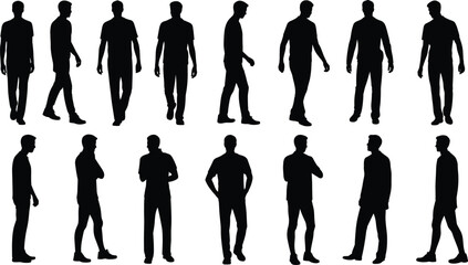 Silhouettes of diverse young men walking and standing in various poses, casual modern adult male figures vector collection.