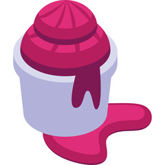 A pink berry ice cream cup with melted ice cream spilling onto a white background in a studio setting