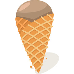 A detailed illustration of a chocolate ice cream cone with a crispy golden waffle cone and a subtle shadow on a clean white background creating a delicious dessert