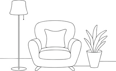 Fototapeta premium Armchair with floor lamp and potted plant line art