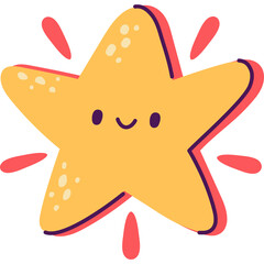 A Cheerful Yellow Star Character With a Smiling Face and Red Sparkles on a Transparent Background.
