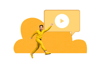 Creative picture collage young energetic man run superhero raise hand media player video youtube social network entertainment leisure