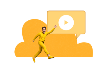 Creative picture collage young energetic man run superhero raise hand media player video youtube social network entertainment leisure