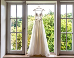 Elegant Wedding Dress Hanging Near a Window Overlooking Lush Green Trees