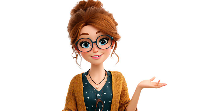 A cheerful cartoon woman with a warm smile presenting with open hand gesture against a black on transparent background