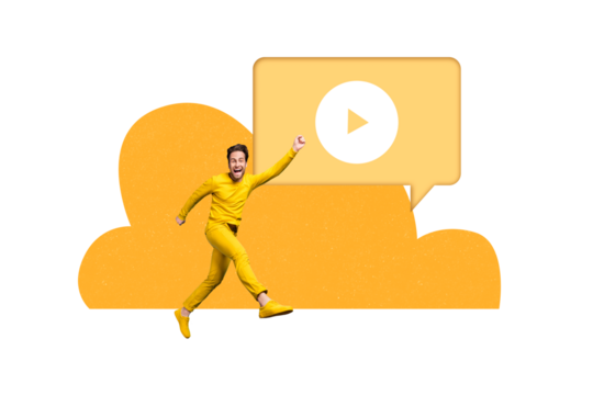 Creative picture collage young energetic man run superhero raise hand media player video youtube social network entertainment leisure