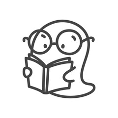 Cute ghost with book icon. Funny little ghost wearing big glasses and reading a book. Monochrome doodle illustration isolated on white background. Kawaii halloween sticker. Vector 10 EPS.