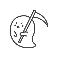 Cute ghost reaper icon. Funny little ghost dressed as a grim reaper with a big scythe. Monochrome doodle illustration isolated on white background. Kawaii halloween sticker. Vector 10 EPS.