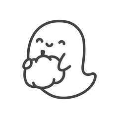 Cute ghost icon. Funny little ghost character holding small pumpkin. Monochrome doodle illustration isolated on white background. Kawaii halloween sticker. Vector 10 EPS.